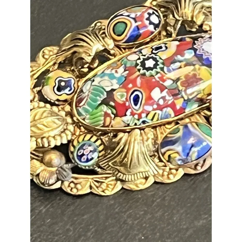 Vintage Millefiori Glass Cabuchon Brass Large Pin Brooch Gold Tone 2.5”